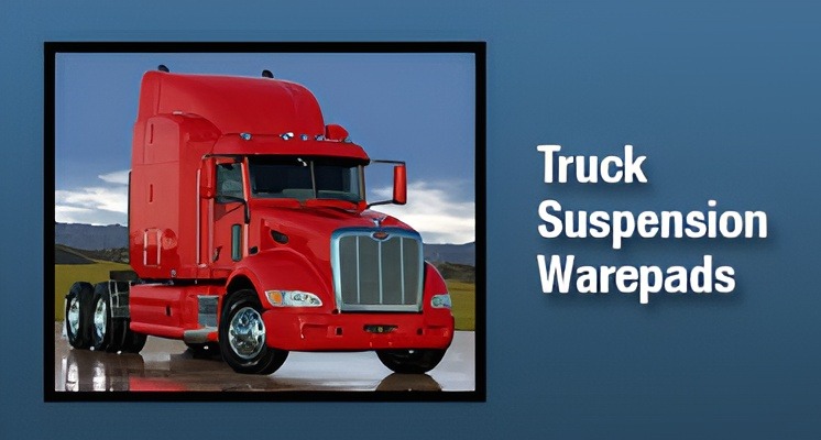 Red semi-truck prominently displayed, emphasizing its truck suspension warepads. The image highlights robust vehicle features relevant to trucking maintenance.
