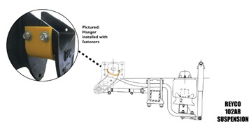Diagram illustrating the Reyco 102AR suspension system, featuring an inset showing a hanger installed with fasteners for clarity on assembly.