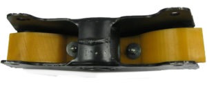 Heavy-duty roller assembly featuring two yellow polyurethane rollers mounted on a steel frame. Designed for efficient material handling and transport.