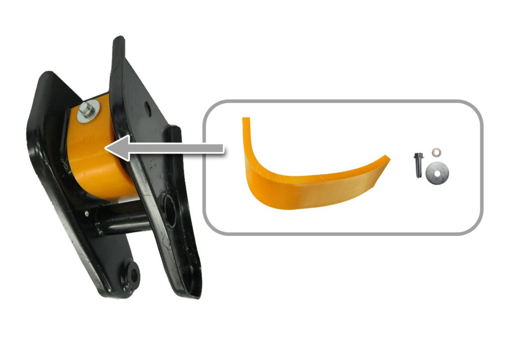 Suspension component with a bright yellow polyurethane bushing, arrow indicating it, and surrounding installation hardware. Relevant for automotive repair or performance upgrades.