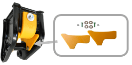 Heavy-duty machine component featuring a black frame and yellow wheel, with adjacent diagram showing additional parts for assembly.